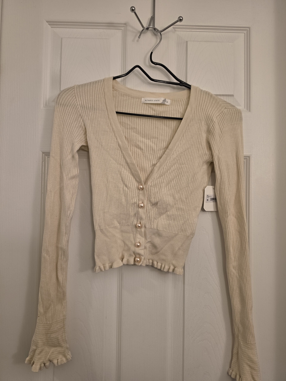 Altar'd State Cream Ribbed V-Neck Button Cardigan with Pearl Buttons